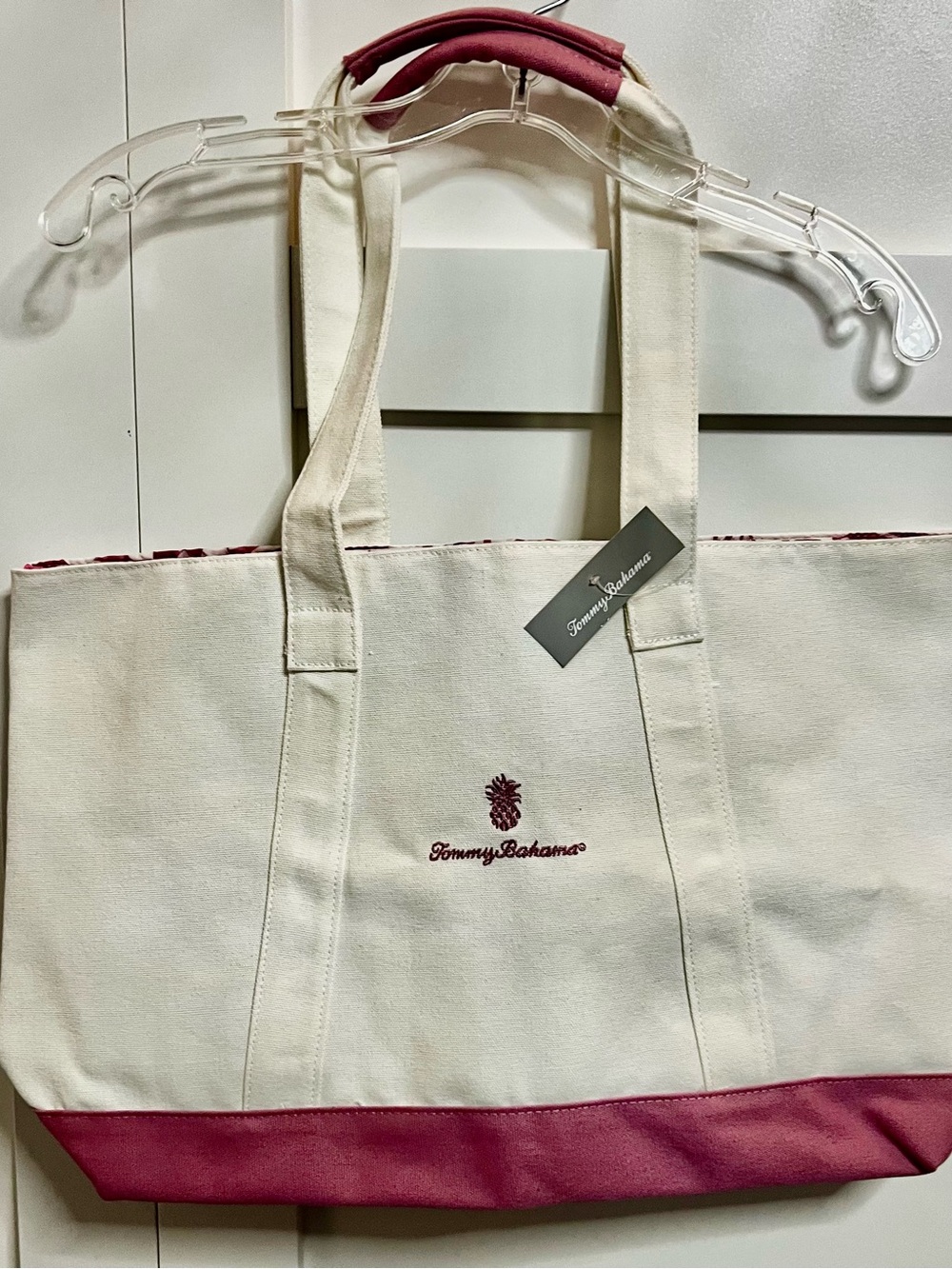 Tommy Bahama Ivory Canvas Tote / Beach Bag with Pink Trim and writing NWT